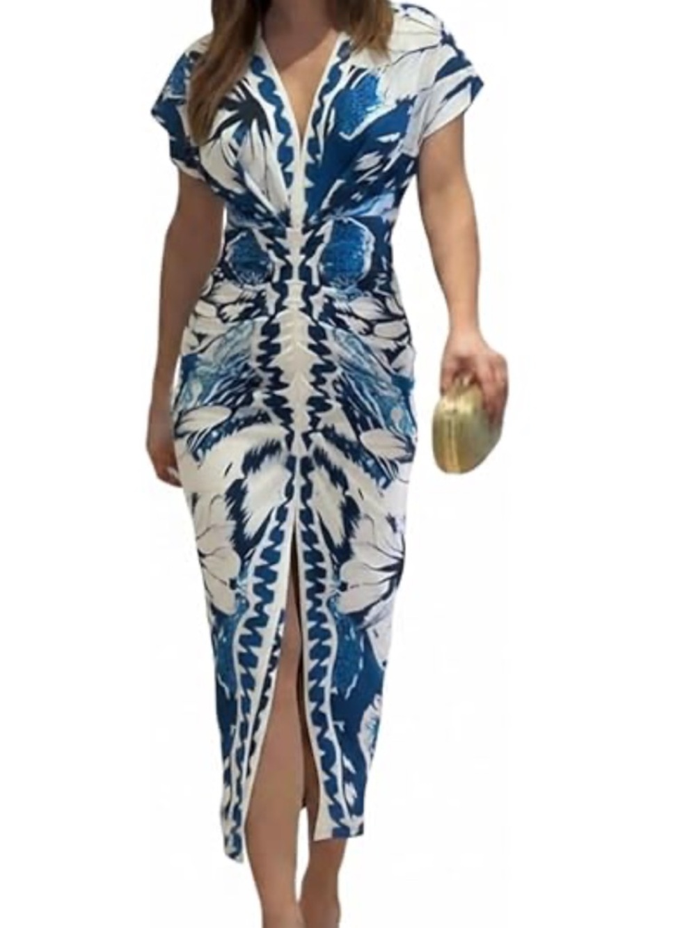Pookie & Sebastian Blue and White Floral V-Neck Midi Dress NWT size Small